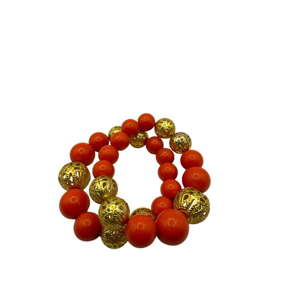Set of 2 Orange and Gold-tone Beaded Stretch Bracelets - Picture 4 of 4